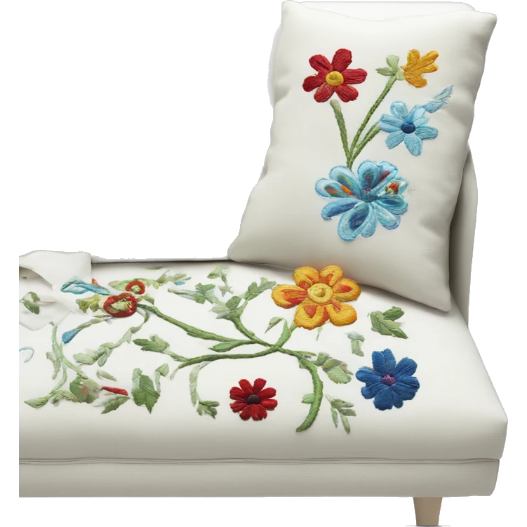 Embroidery, white sofa with several embroided designs in color  emoji