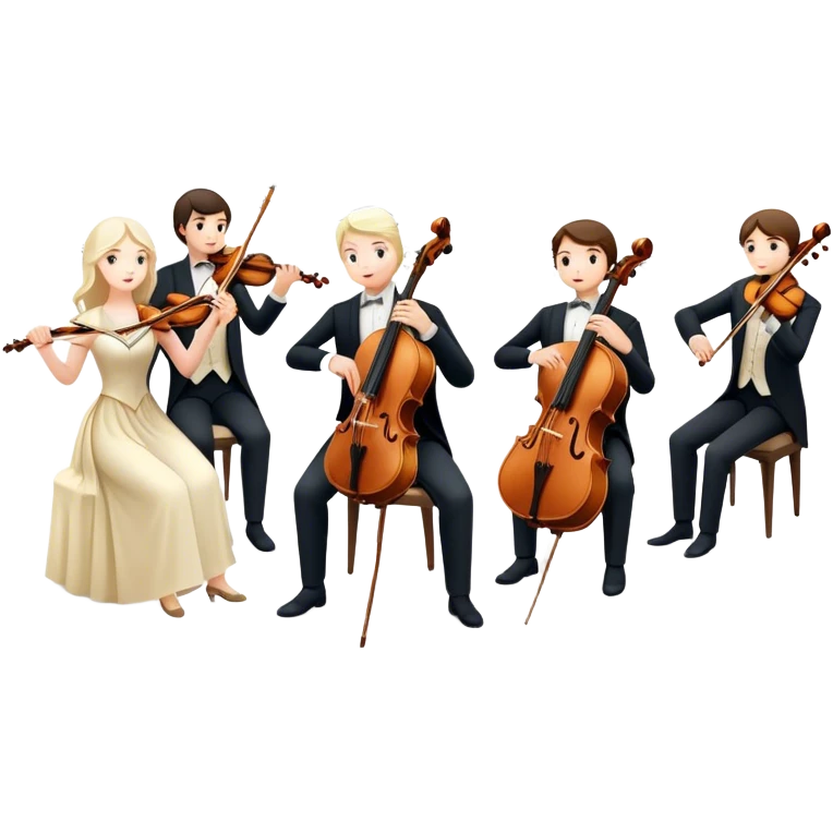 Icon for Classical Music: symphonic orchestra with musicians playing violins, cellos, and flutes, led by a conductor with a baton. Musical notes float around, capturing the elegance and harmony of classical music. Transparent background. emoji