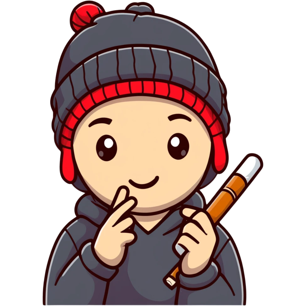 student with beanie, red eyes, holding a joint emoji