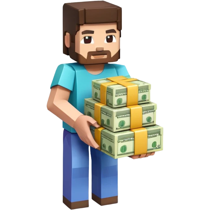 emoji style icon, minecraft blocky character holding a stack of money, pixel art style, bright colors, simple background, 3D glossy emoji, centered composition, soft shadow, high detail, clean outline, white background emoji