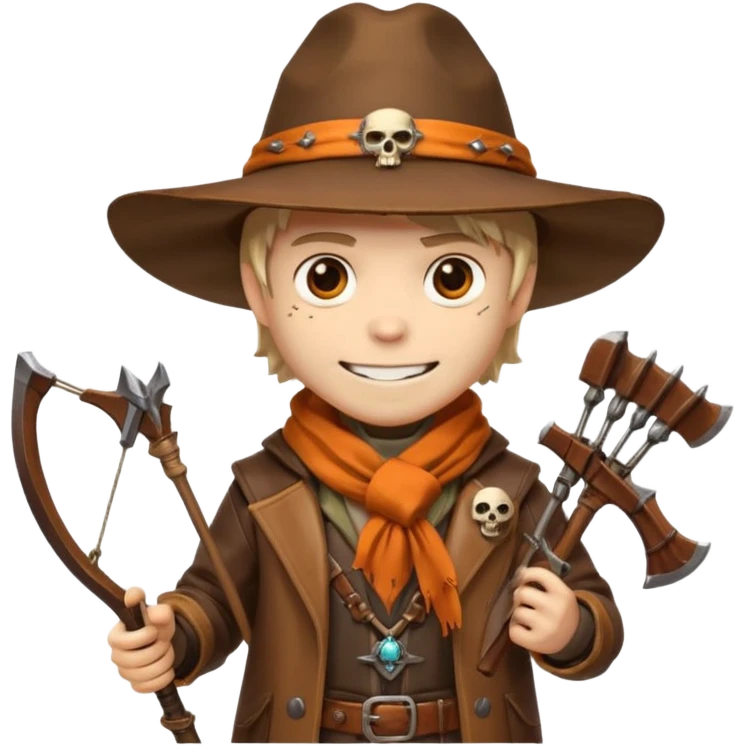 male human monster hunter emoji, wearing brown leather coat and wide hat, holding crossbow or rifle, with amulet shaped like skull, Halloween fantasy theme, confident smile, orange scarf, Apple emoji style, clean white background, square image emoji
