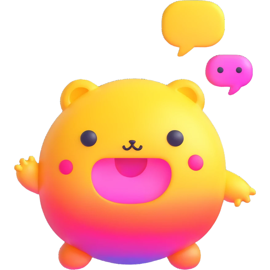Retro game mascot — like a Tamagotchi-style AI creature, round and colorful with a speech bubble. emoji