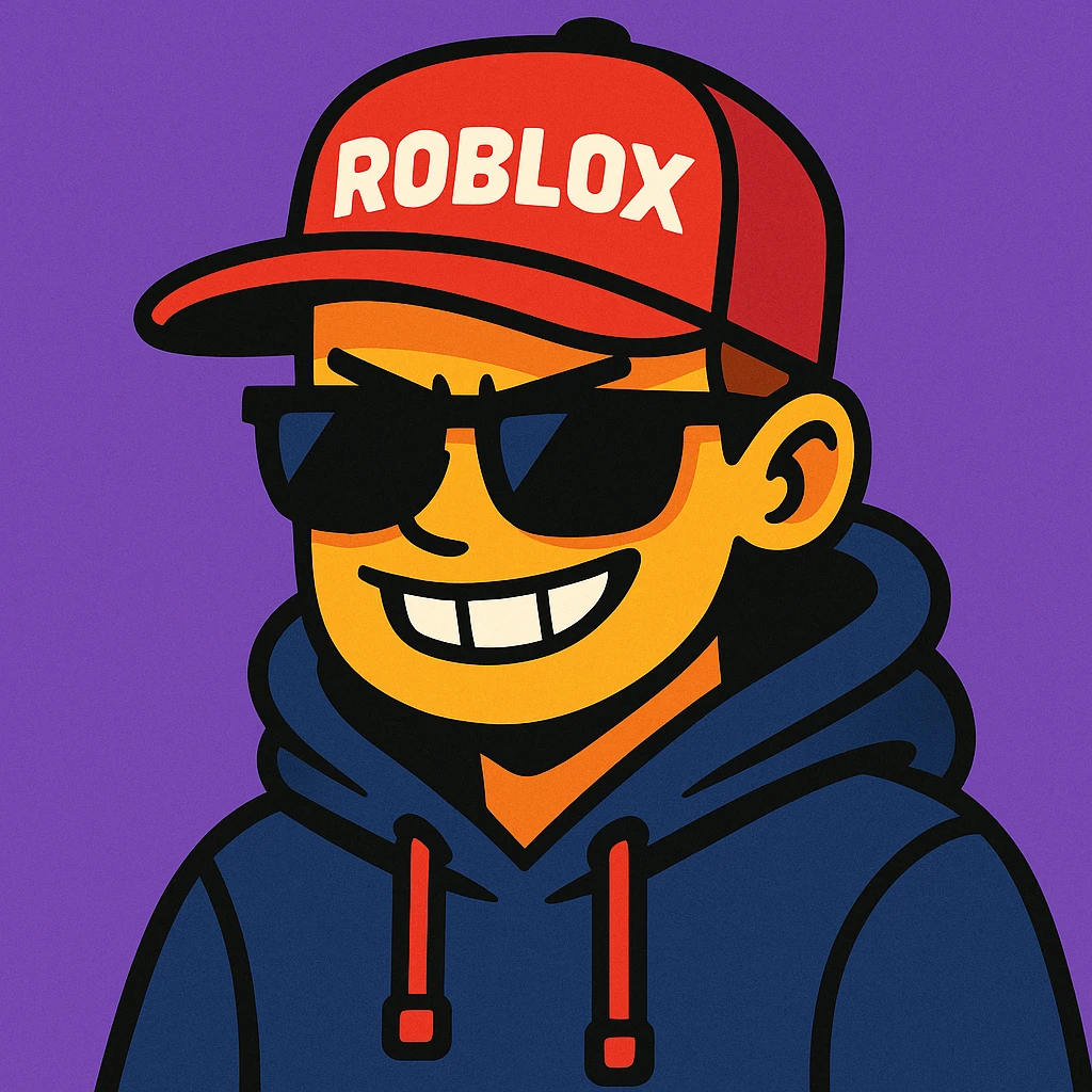 Coolkid, Roblox hacker, in a vibrant toon style, wearing a red Roblox hat, black sunglasses, and a hoodie, with a playful but edgy expression emoji