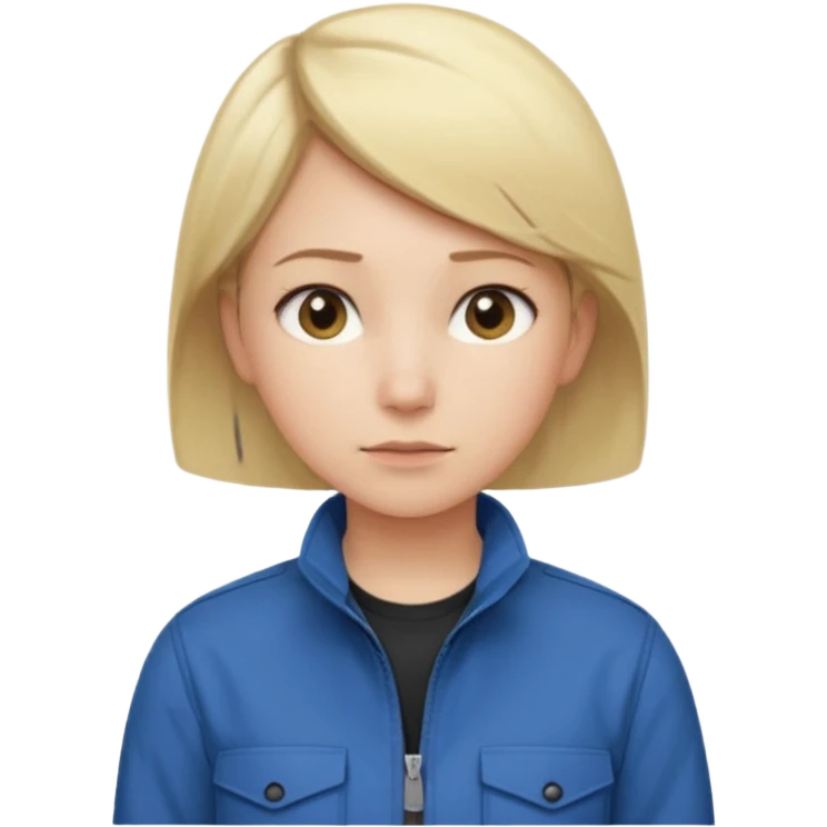 Calm and independent female engineer, fair skin, short straight blonde hair tucked behind the ears, neutral but focused expression, wearing a fitted blue utility jacket over a black crew-neck top, waist-up, front-facing emoji