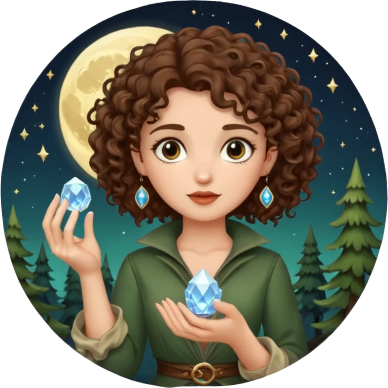 forest rogue woman short tight curly brown hair holding moon crystal emoji