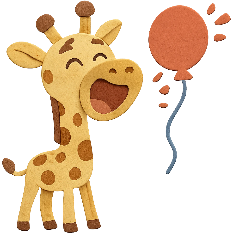 Change to full-body giraffe in paper-craft style, with a happy and laughing face, still popping a balloon. Keep all other design elements unchanged, visually appealing emoji