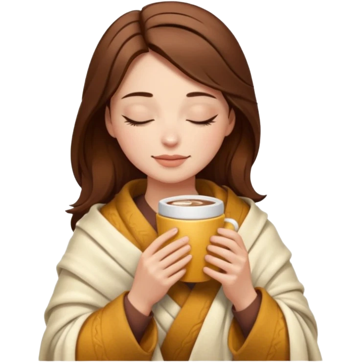 brown hair woman closed eyes with cream blanket on her head, holding cup of coffee, autumn mood emoji