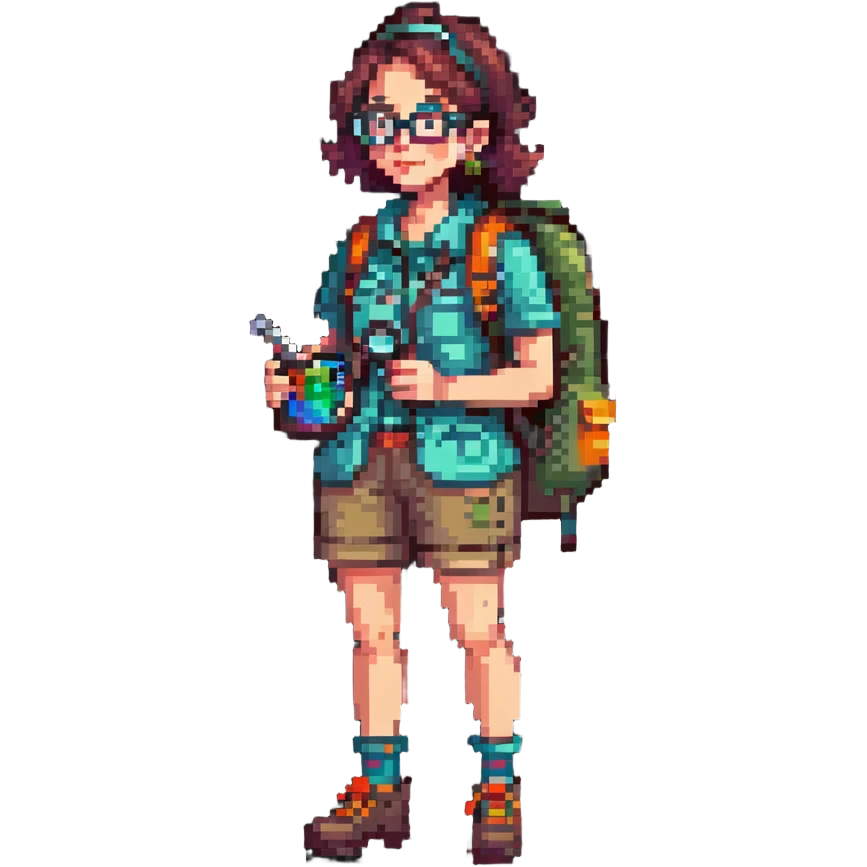 Happy woman explorer in her 40s with glasses, colorful retro hiking outfit, backpack, holding one magnifying glass, detailed pixel art emoji