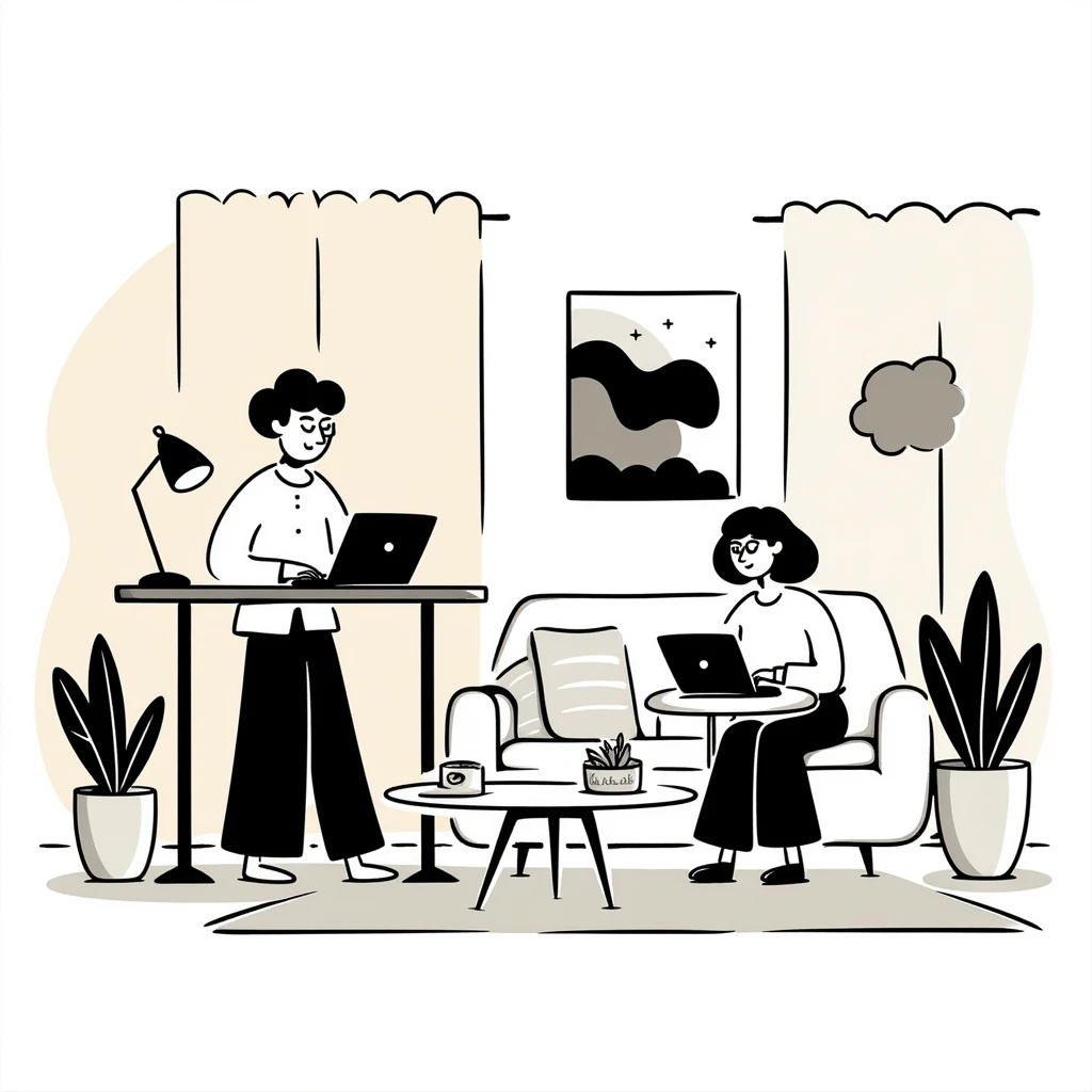 Flat illustration of a cozy mid-century living room with two people working on laptops, one man standing at a desk and one woman sitting on a couch, warm tones, two walls and floor visible emoji