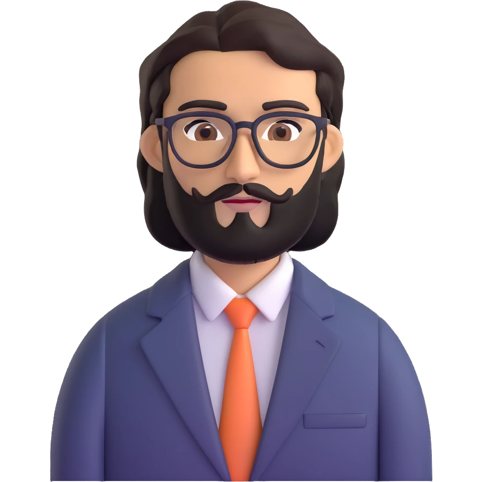 professional middle eastern businessman with medium length black beard, black hair, thick unibrow, elongated aquiline nose, tan skin, brown eyes, glasses, wearing a formal suit emoji