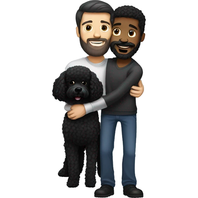 Black-haired and white guy with beard hugs black poodle dog  emoji