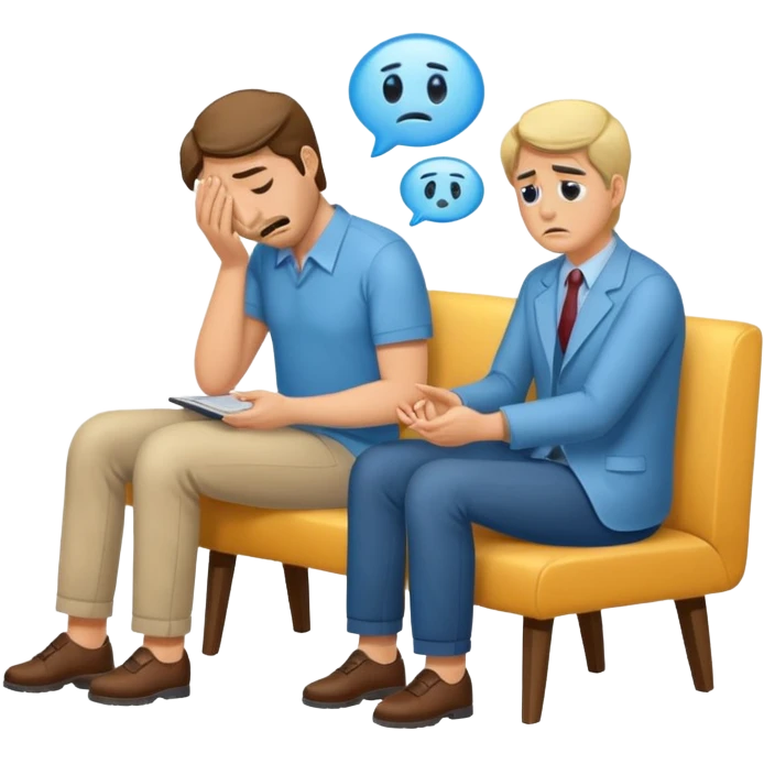 Crying man at the psychological session ( woman is psychologist supporting man) emoji