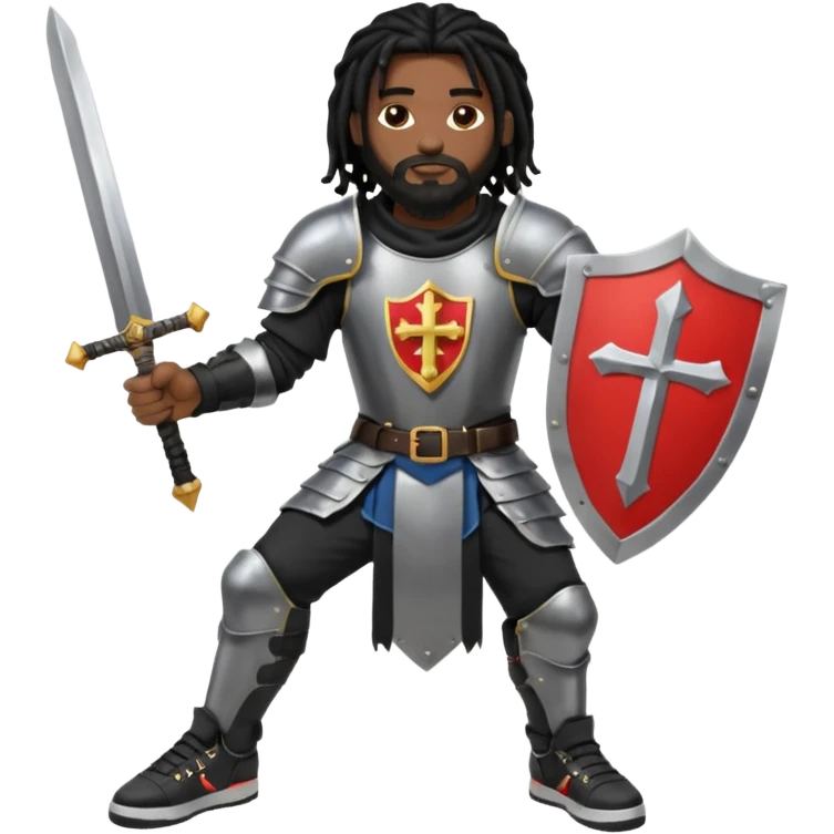 African American man with shoulder length black dreadlocks with black beard wearing knight body armor holding a double edge sword and a shield with a cross on it wearing black low top Air Force 1 sneakers emoji