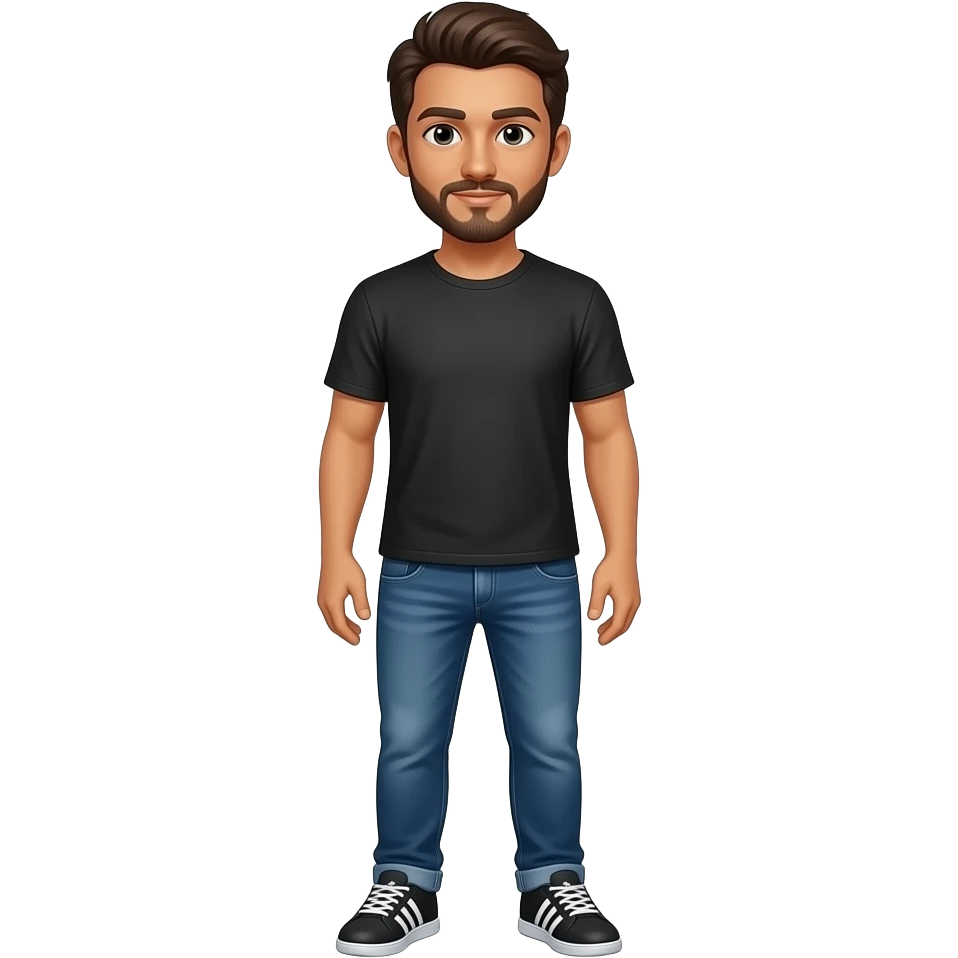 standing male, medium skin tone, dark brown hair, short beard and mustache, standing, wearing jeans, a faded black / gunmetal gray t-shirt and jeans and adidas shoes emoji