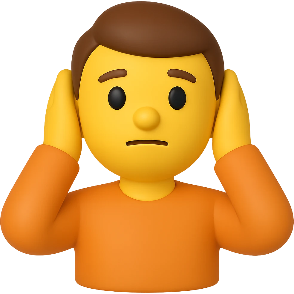 Create a 3D emoji style image of a man covering his ears, matching the pose, color, shirt, and position of the reference image. The style should resemble Microsoft style 3D fluent emojis with a transparent background. emoji