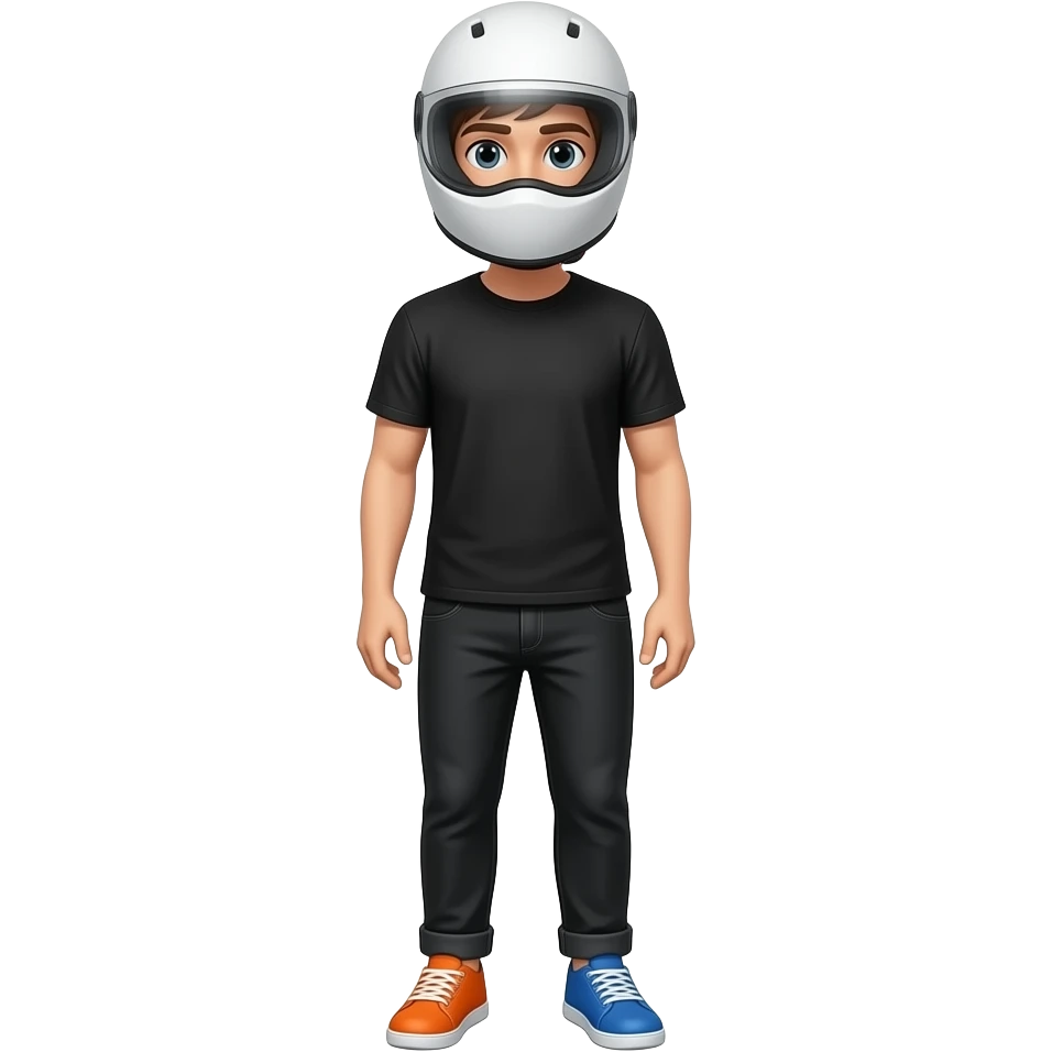 a young man in black t-shirt and a black pants wearing a white helmet with unvisible vision, the right shoe is colored blue and the left shoe is colored orange emoji