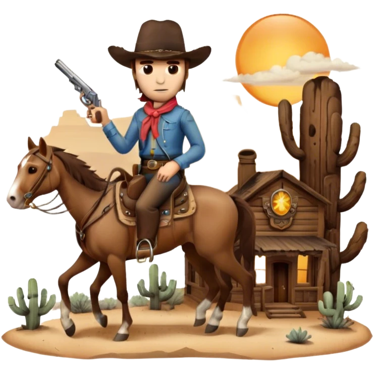 Icon for Western: A dramatic scene with cowboys on horseback, a dusty desert landscape, a setting sun. Include a classic cowboy hat, revolvers and an old wooden saloon in the background. capture the essence of the Wild West with rugged and adventurous details. Transparent background. emoji