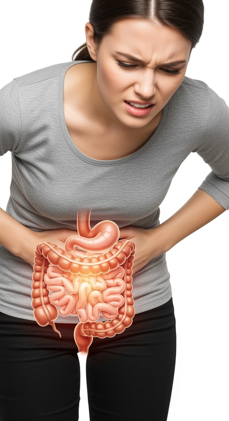 donna piegata in avanti frontalmente con mal di pancia, espressione di dolore in volto in primo piano e intestino anatomico in evidenza, iperrealistico 4k, sfondo bianco emoji