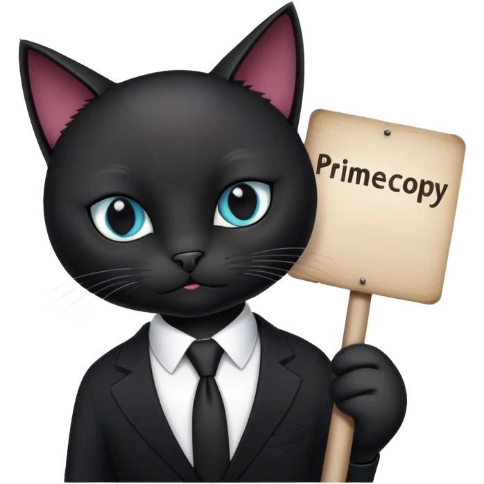 A black cat in a black business suit holds a sign that says "PrimeCopy" emoji