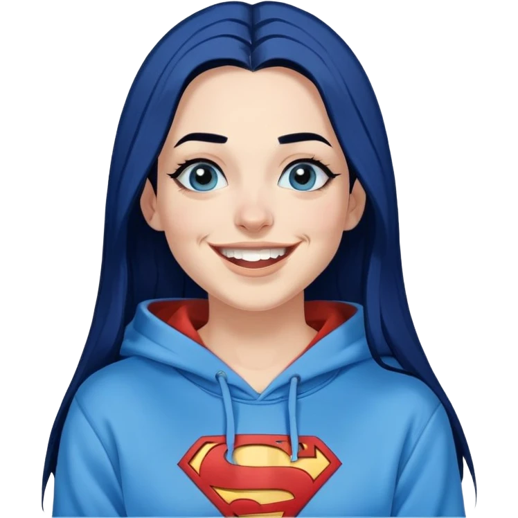 Laughing-30-year-old-adult-long-straight-dark-blue-hair-black-ends-blue-eyes-thick-black-eyeliner-really-thick-really-long-eye-lashes-sky-blue-superman-no-ears-hoodie-sweatshirt-nose-ppiercing  emoji