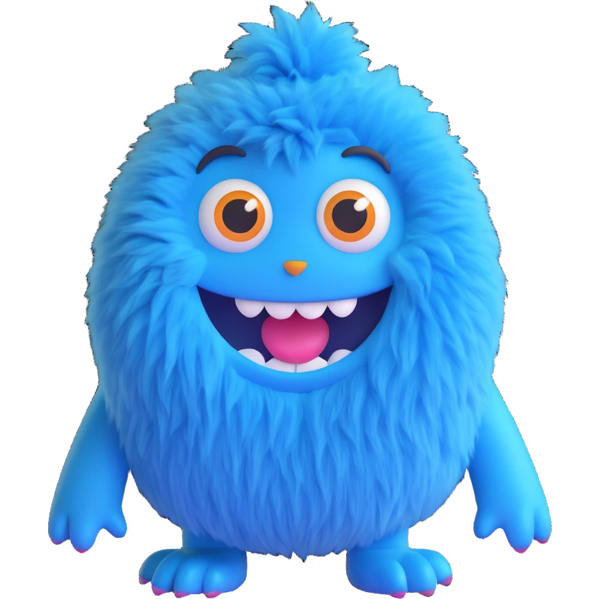 Huggy Wuggy character, blue furry monster with big eyes and wide smile, simple and cute, 3D emoji style emoji