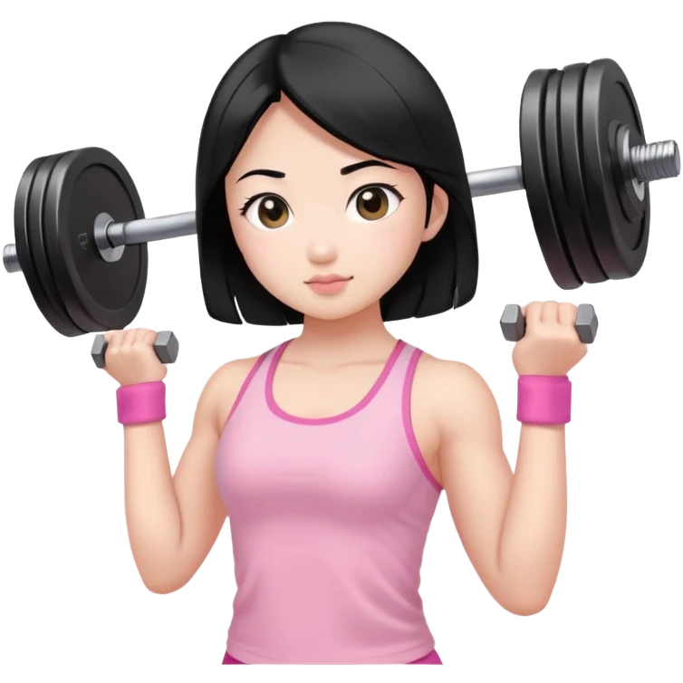 black hair asian girl lifting weights in light pink  emoji
