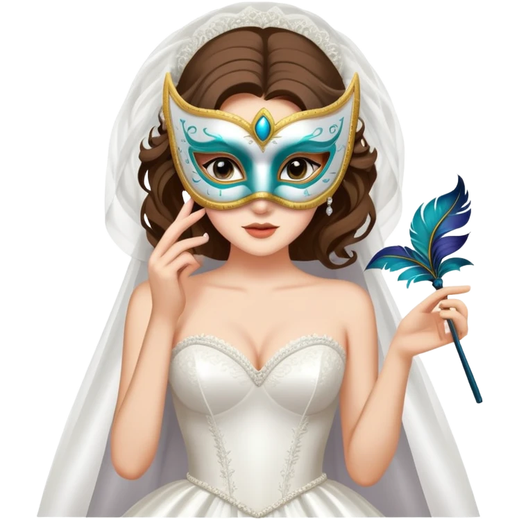 bride in a wedding dress holding a mask behind her back, hinting at a secret, no explicit content emoji