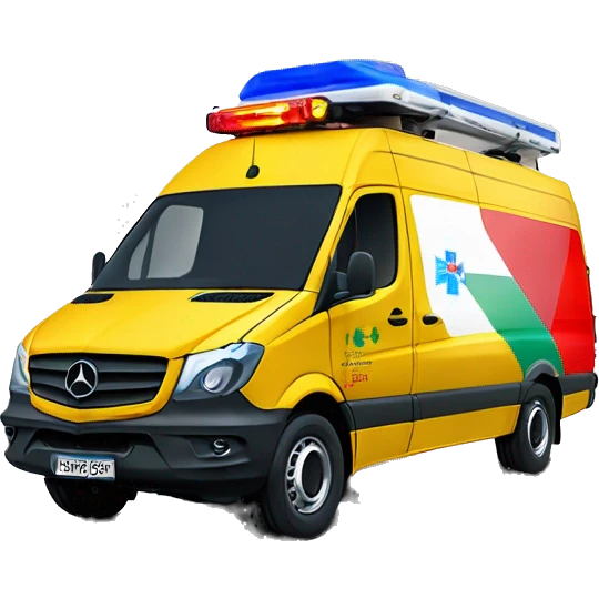 a yellow medical mercedes sprinter with red-blue lightbar and the side 1  hungarian flag and 1 OMSZ  label emoji