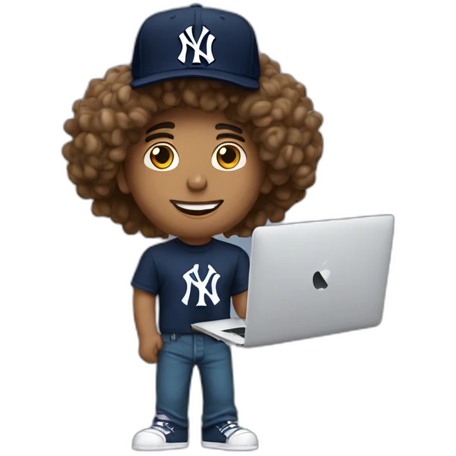 20yo curly hair mexican man with a MacBook and a yankees cap emoji