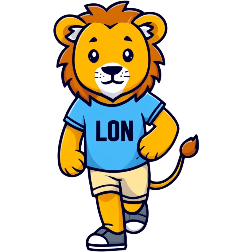 retro 1950s anthropomorphised lion in a t-shirt and shorts walking emoji