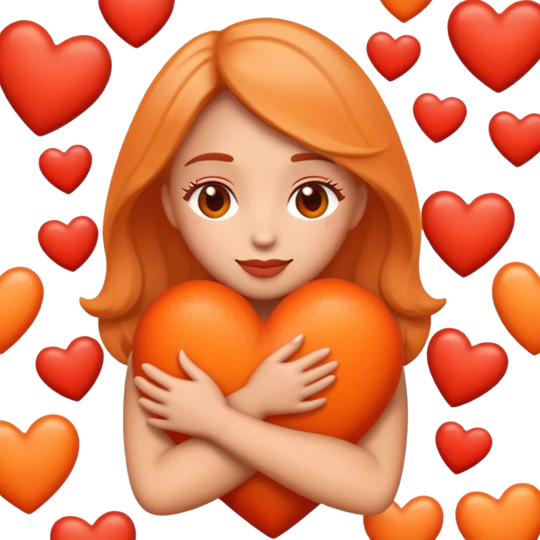 iphone style emoji of a woman hugging tons of hearts in orange and red colours emoji