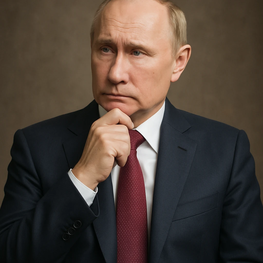 highly realistic photorealistic portrait of Vladimir Putin, looking thoughtful, full upper body visible, centered in the frame emoji