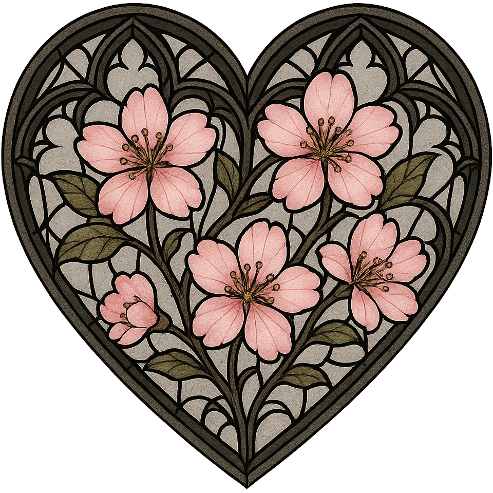 goth sakura heart, stained glass style, black lead lines with pink sakura, elegant gothic art emoji