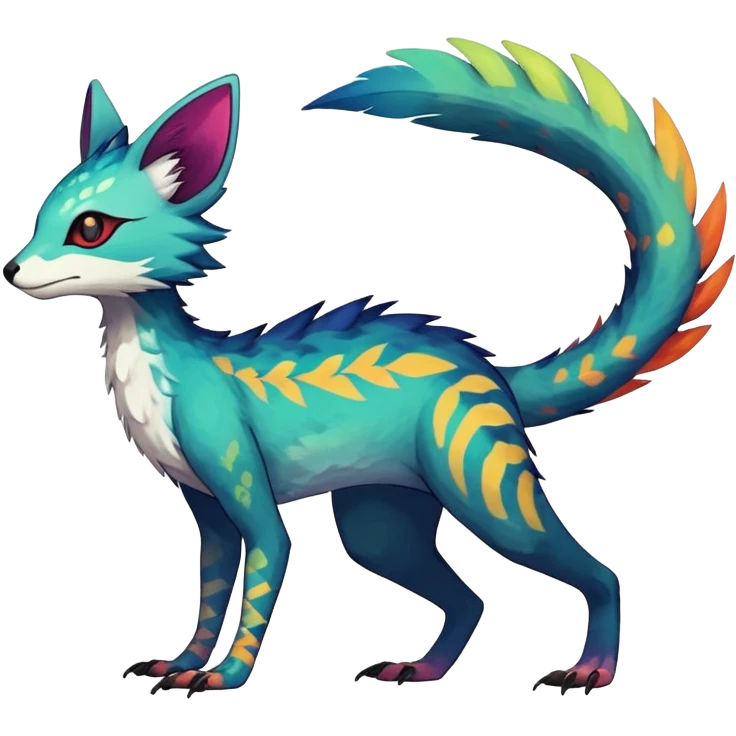 Rare realistic exotic edgy epic pretty beautiful handsome gorgeous aesthetic colorful vibrant Vernid-Trico-species-Fakemon-creature by LiLaiRa, 4 legs, 1 tail, random markings, (full body) emoji