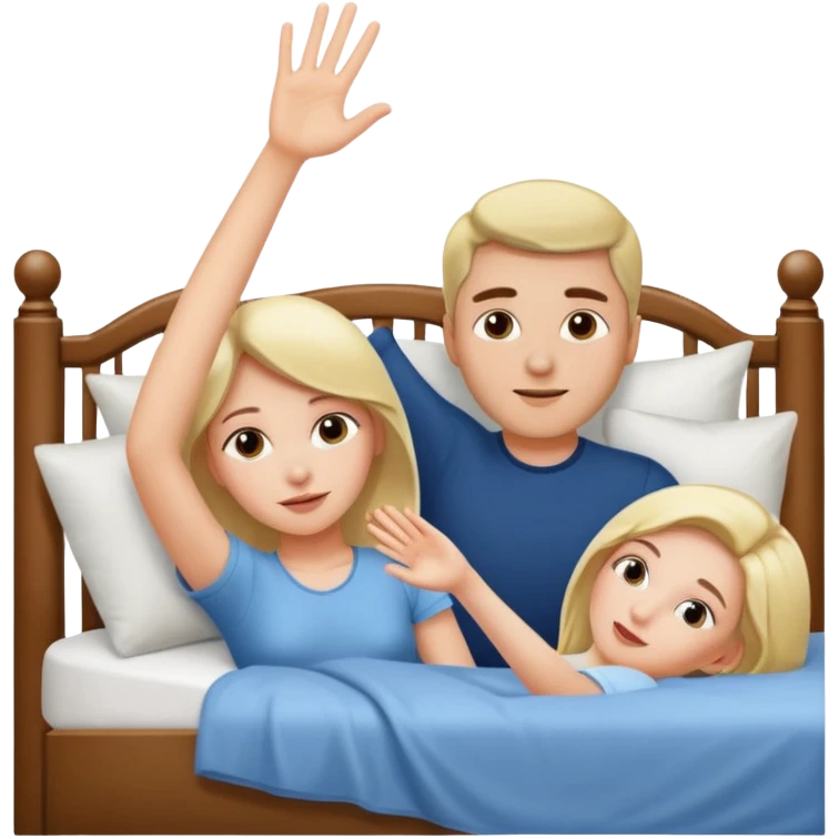 A bed with a girl laying down and a man putting his hand up. emoji