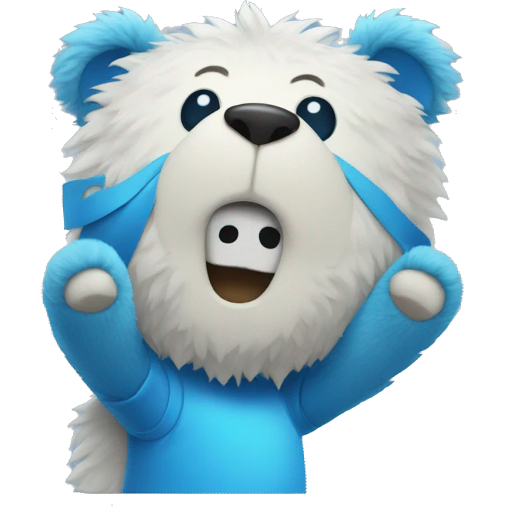 Blue fuzzy bear wearing a gaming shirt waving  emoji