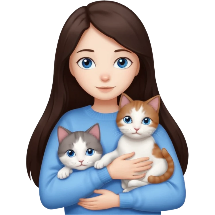 a girl with long dark 
brown hair, with blue eyes, in a
white sweater, hugs 3 different natural coloured cats emoji
