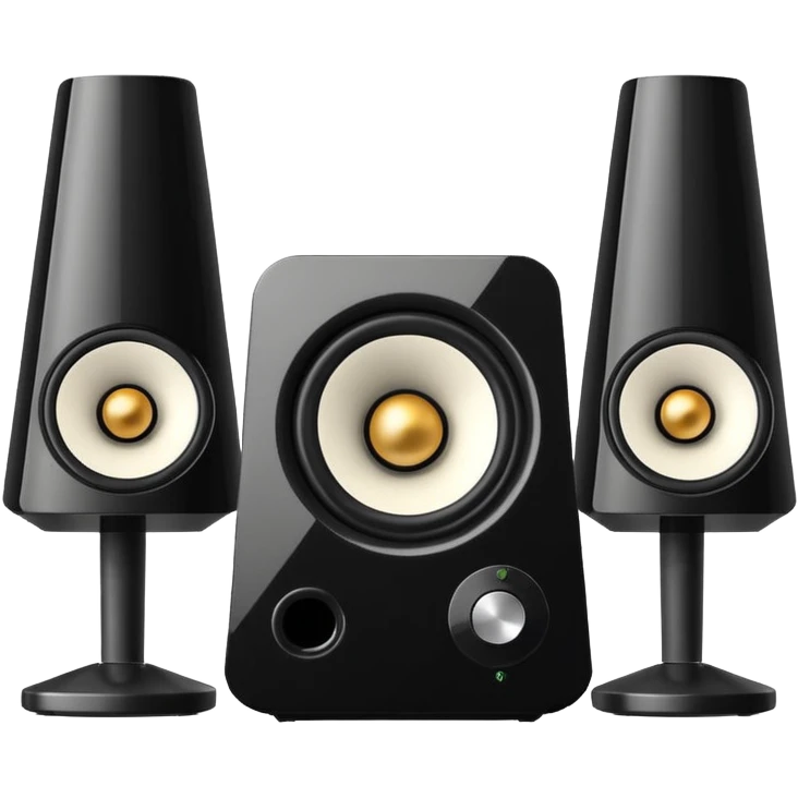 Single black desktop speaker with glossy front, one large white cone with black center, small volume knob, clean white background, studio product photo. emoji