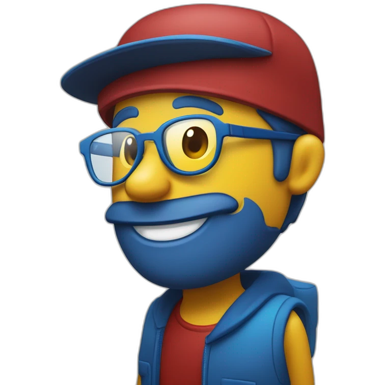 hombre con gafas oscuras sonriendo y con un gorro de color en el siguiente orden: amarillo,azul y rojo emoji
