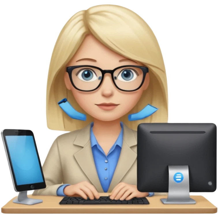 donna, occhi azzurri con occhiali, capelli medi, lisci e biondi, lavora al pc. emoji