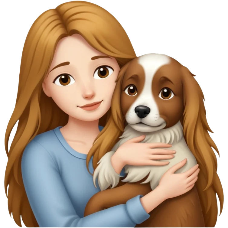 A long-haired woman hugs a dog tightly emoji