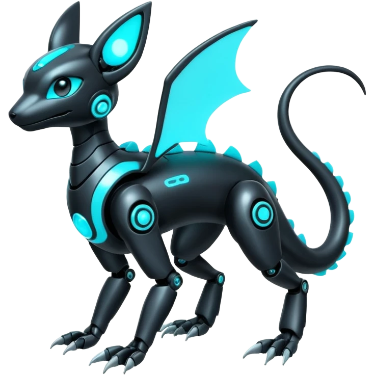 Shiny White Metallic Futuristic Robotic Mechanical Glowing Salandit-Umbreon-Fakémon-hybrid-creature (full body) with cyan accents emoji