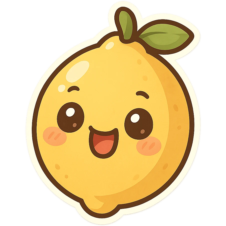 chibi sticker-style lemon with a smiling face, cute and exaggerated emoji