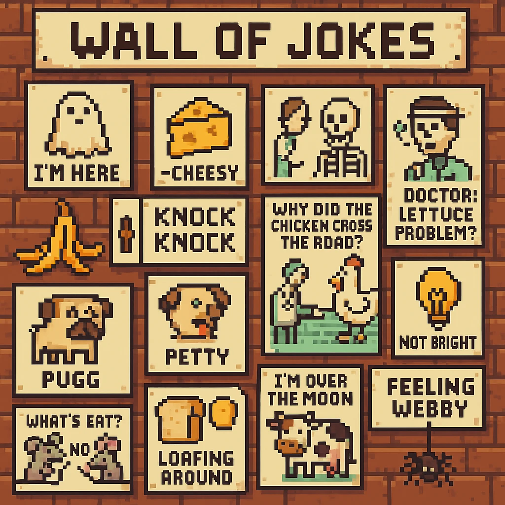 pixel art style wall of jokes, a detailed pixel art scene of a wall covered with various humorous illustrations and jokes emoji