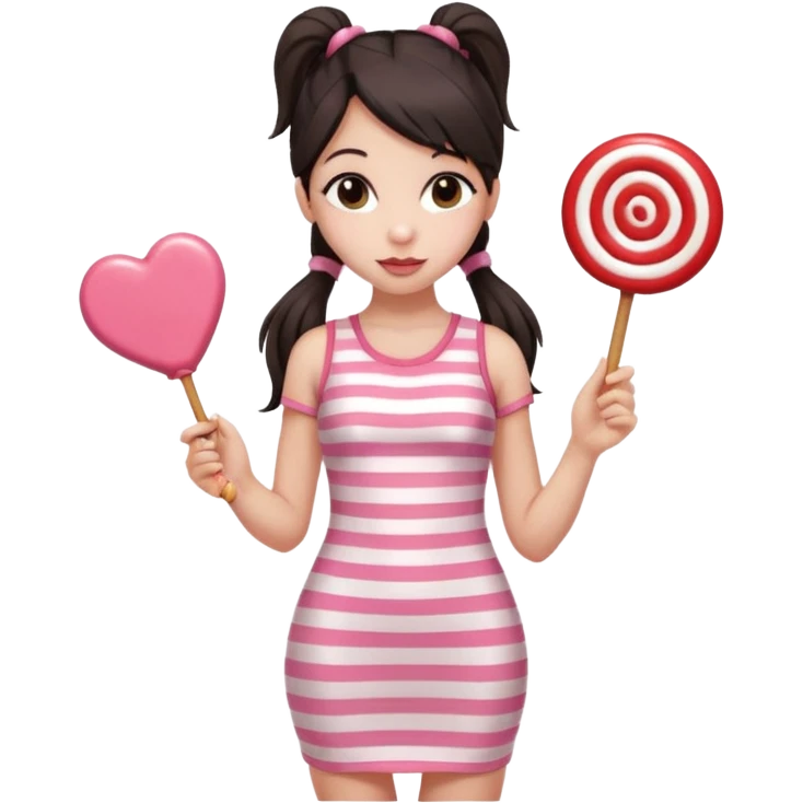 Girl with long dark ponytails wearing light pink bodycon dress holding a lollipop emoji