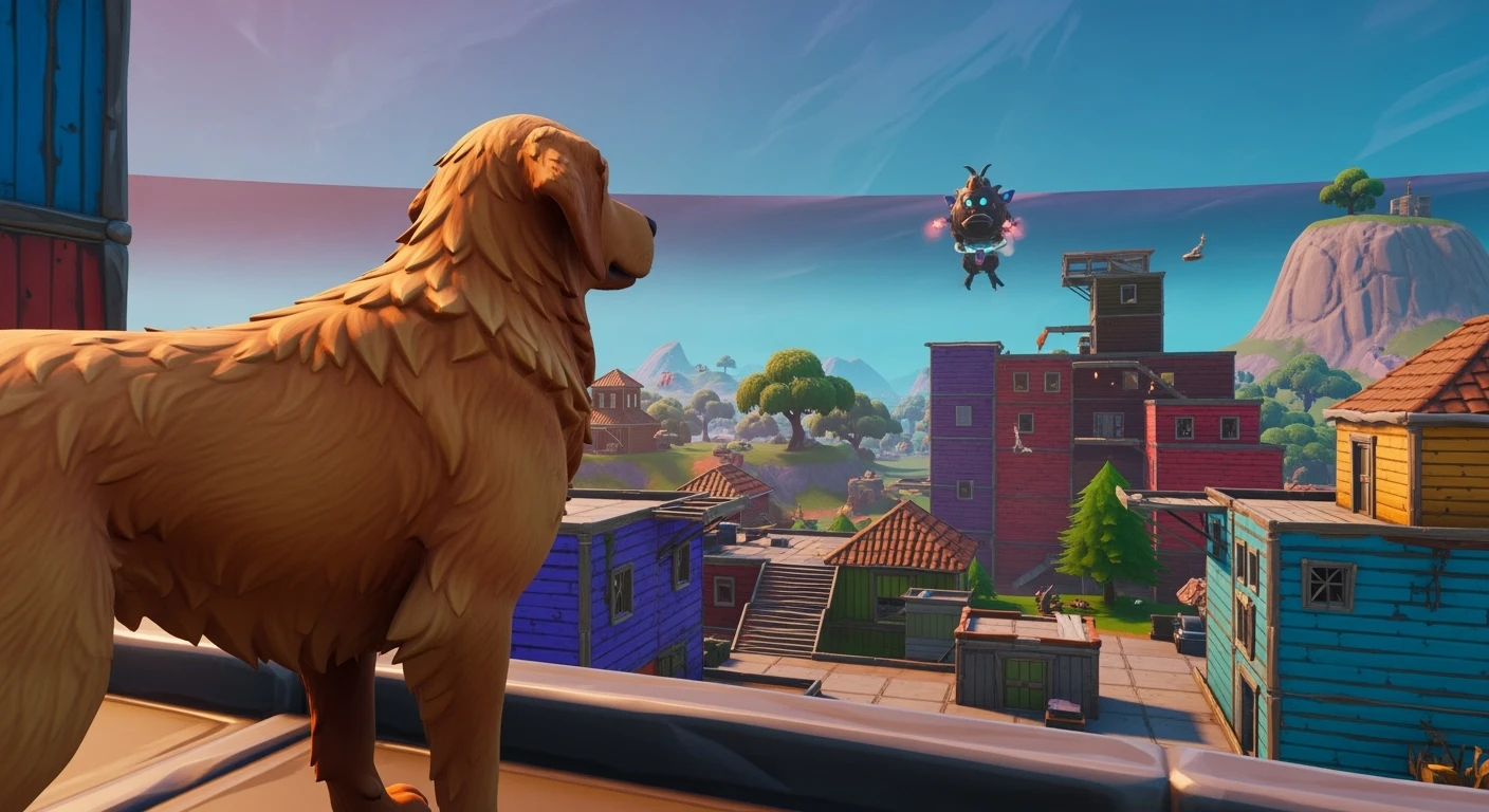 Cinematic still of a dog in fortnite game world emoji