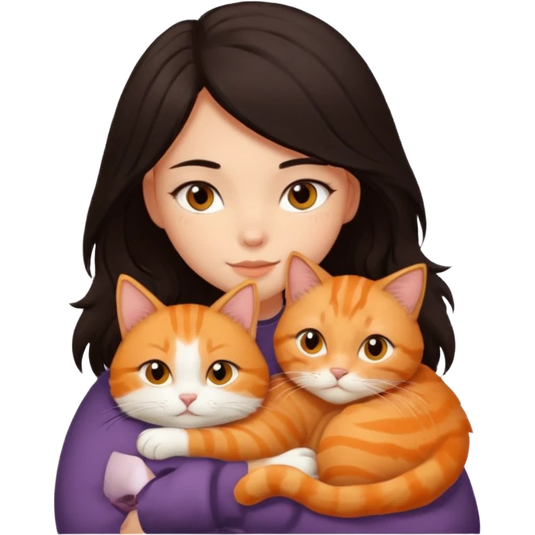 dark-black-brown-hair-to-shoulder girl with brown eyes snuggled with orange tabby cat emoji