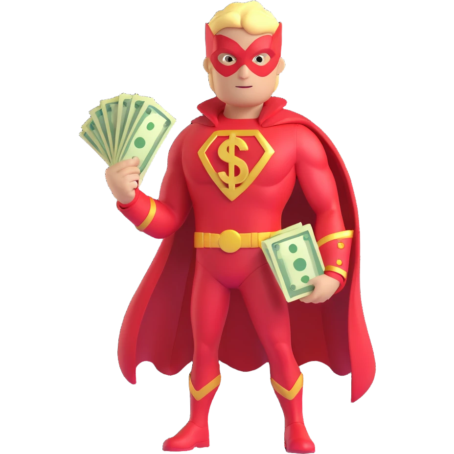 running superhero with red and gold suit, holding glowing money symbol, 3D toon style emoji