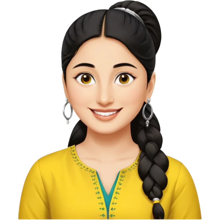 generate a pretty bratz emoji that looks like Kareena Kapoor's Geet character. 
Make her wear a yellow kurti, silver hoops, black hair in a ponytail. smiling big emoji