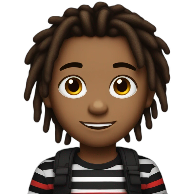 Cute brown skin boy with red and black striped colored dreads wearing a black shirt not smiling emoji